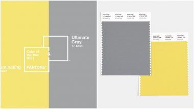 Image of 2021 Panton Colors of the Year: Illuminating and Ultimate Gray.  Illuminating is a pale yellow and Ultimate Gray is a light gray