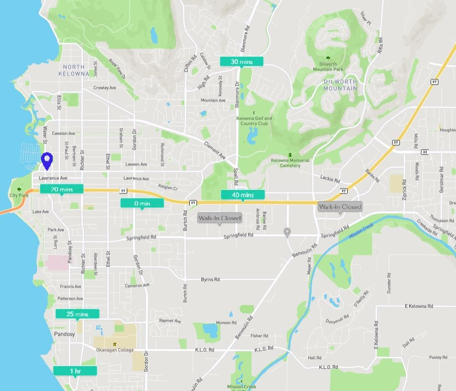 A map showing walk-in clinics in Kelowna