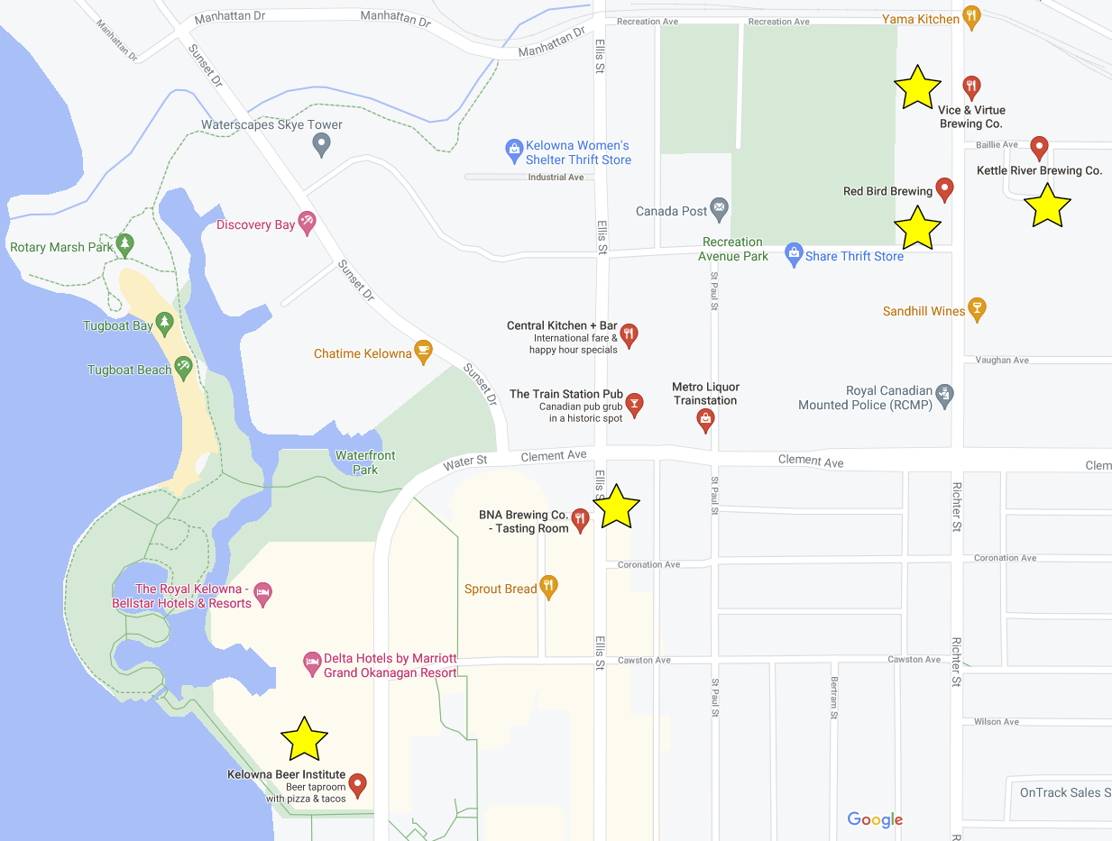 A Google map showing several Kelowna North End crafter breweries