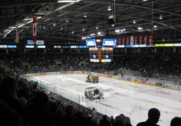 Zambonis cleaning the ice at Prospera Place in Kelowna.