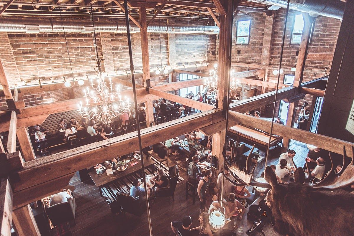 A view of the downtstairs bar area at BNA Brewing Co taken from upstairs.