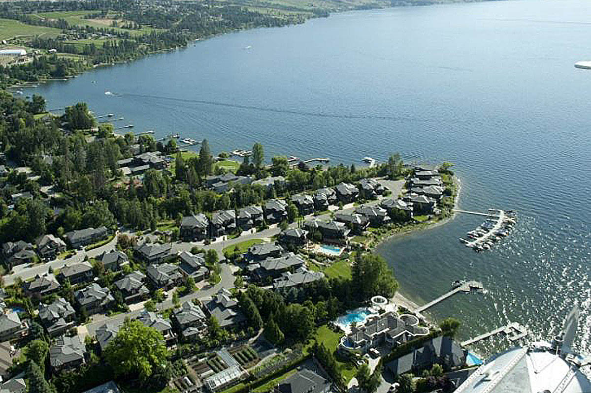 Aerial photo of Lower Mission Kelowna, a lakeside neighbourhood.