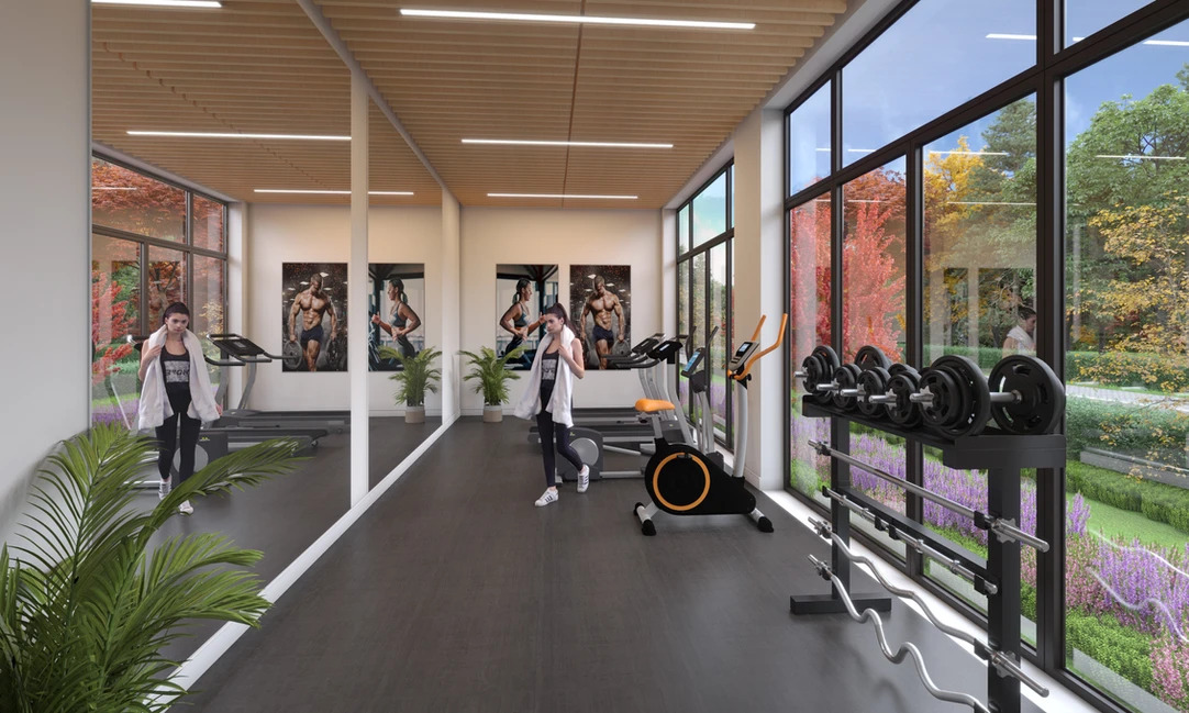 Rendering of the gym and fitness centre at The Anacapri Kelowna, BC with cardio equipment, weight training gear, and space for stretching.