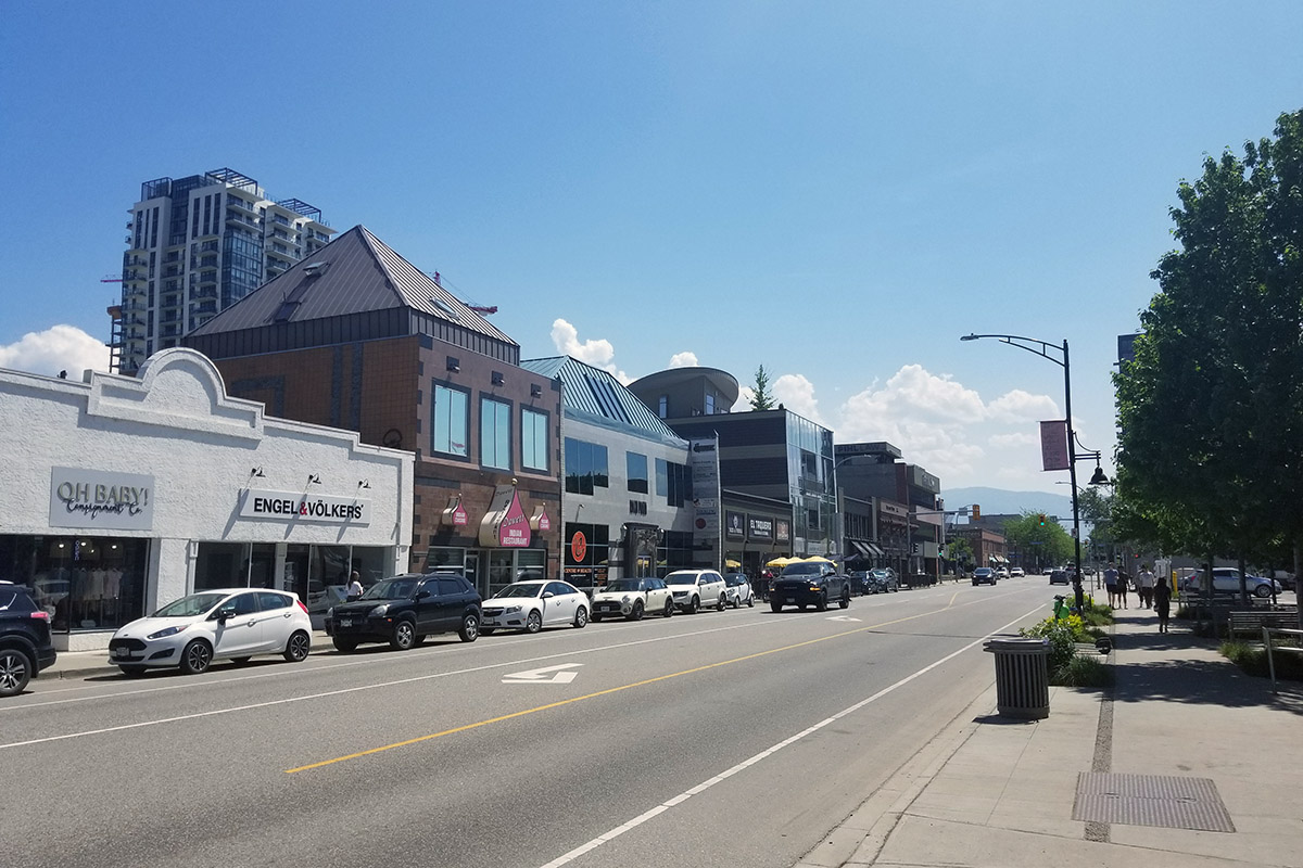 Ellis Street in Downtown Kelowna with restaurants, boutiques, museums, and a public library