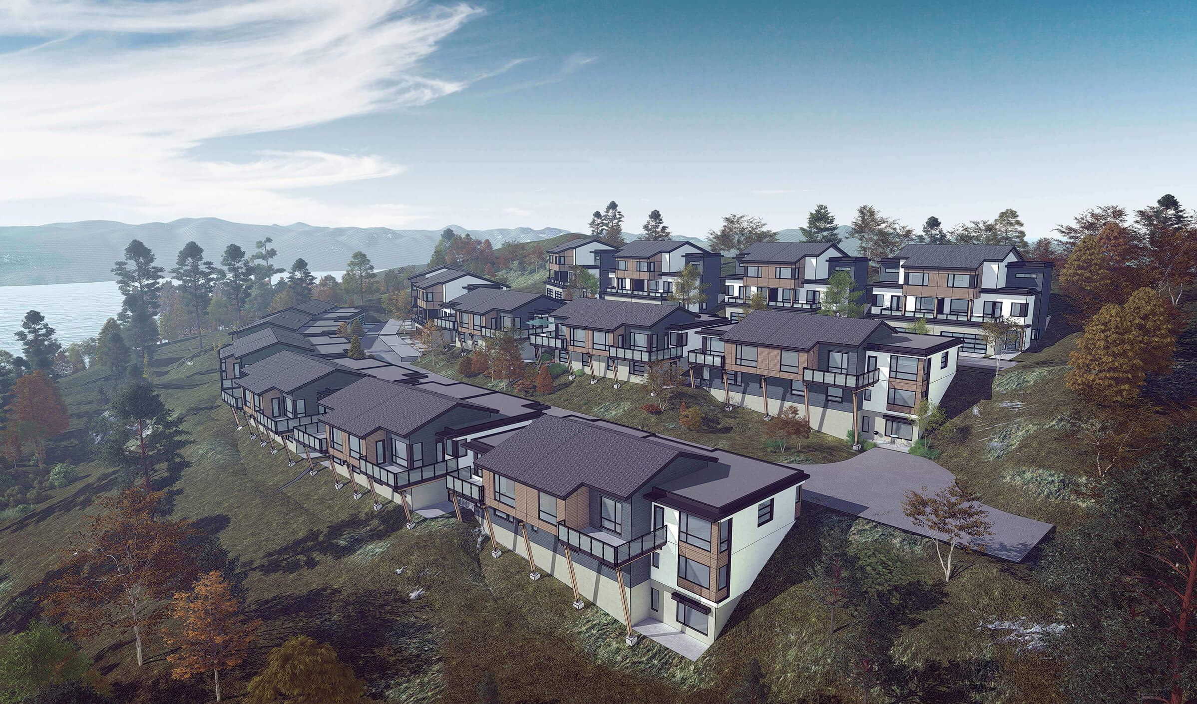 Mezzo Townhomes aerial elevation: 3 bed townhouses for sale in McKinley Beach, Kelowna, BC, Canada