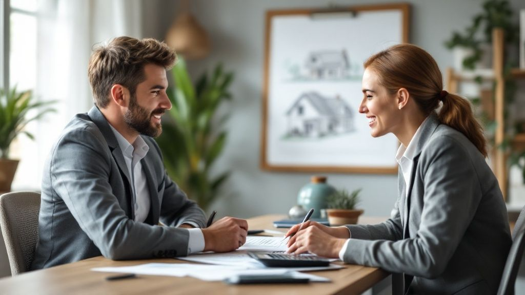 A person reviewing financial documents and using a calculator, planning their real estate investment.