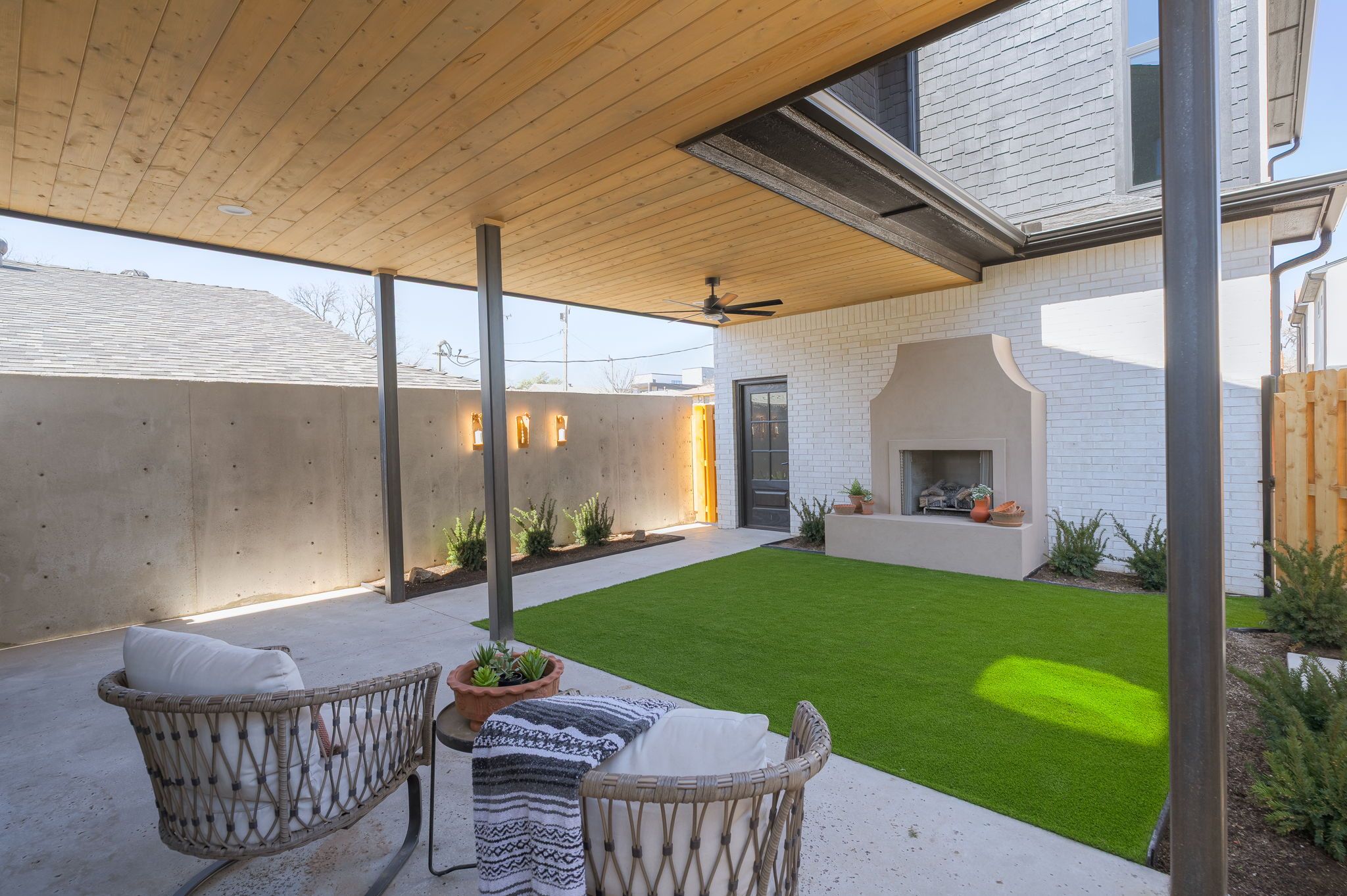 Outdoor fireplace and courtyard