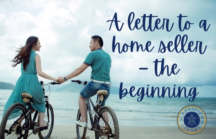 man and woman on bikes at the beach with the text A letter to a home seller – the beginning