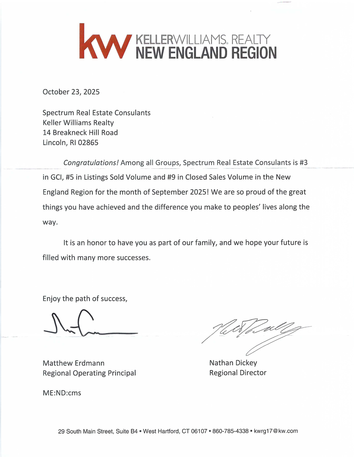 Keller Williams New England Top 10 rankings letter