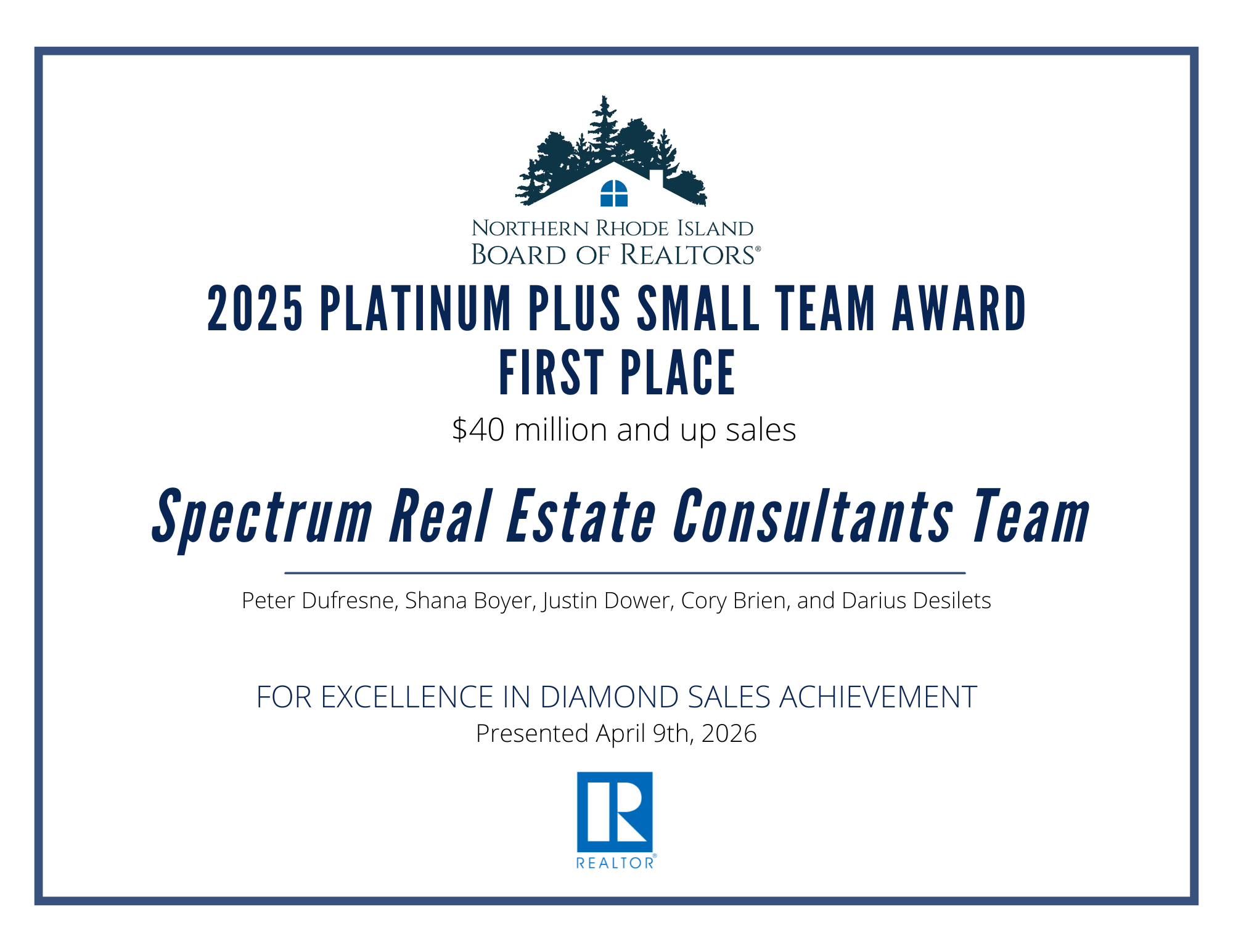 Northern Rhode Island Board of Realtors 2025 Platinum Plus Small Team Award First Place for Spectrum Real Estate Consultants Team