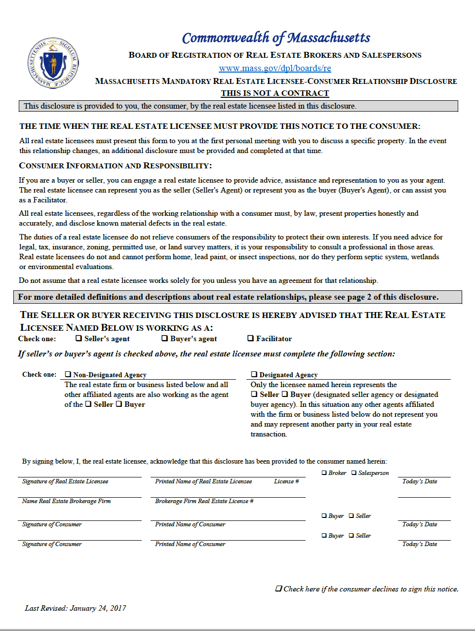MA Mandatory Real Estate Licensee Consumer Relationship Disclosure Form