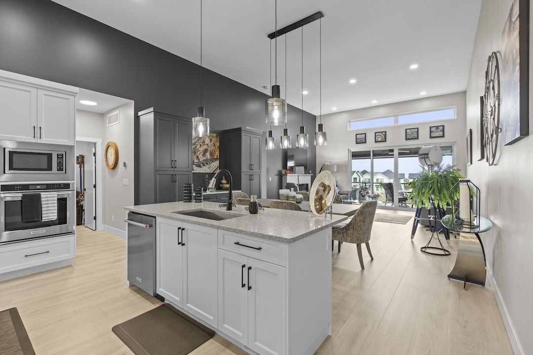 Kitchen island open to dining and living