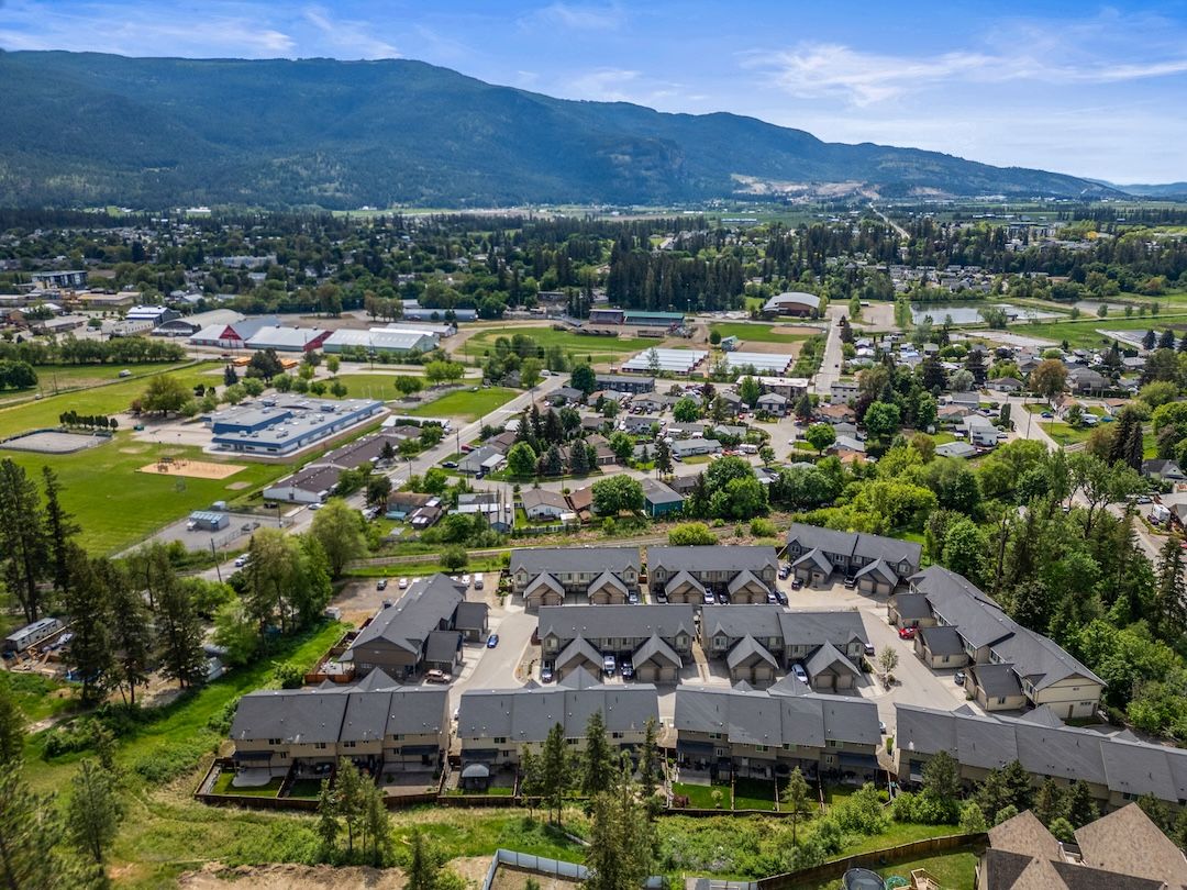 Aerial view of the home's setting in the North Okanagan