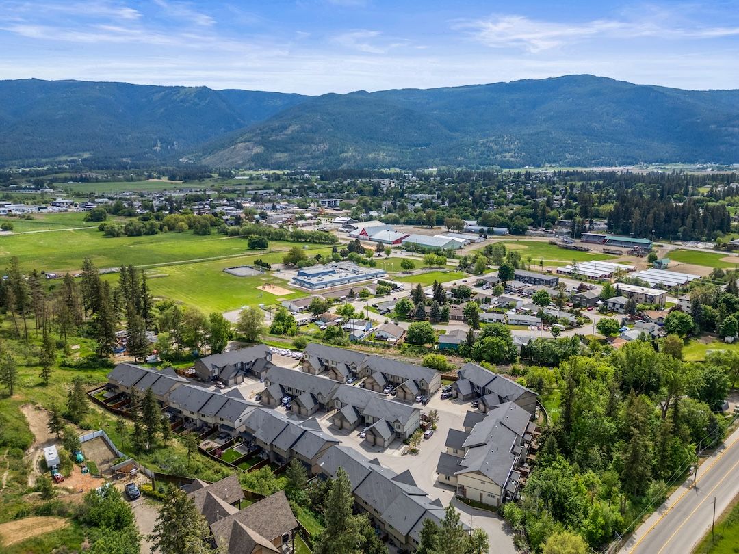 Aerial wide shot of Armstrong farmland and town