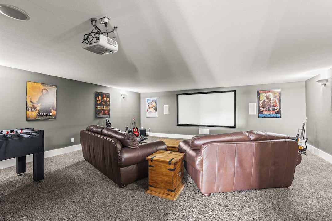Media room with mounted projector and theater seating