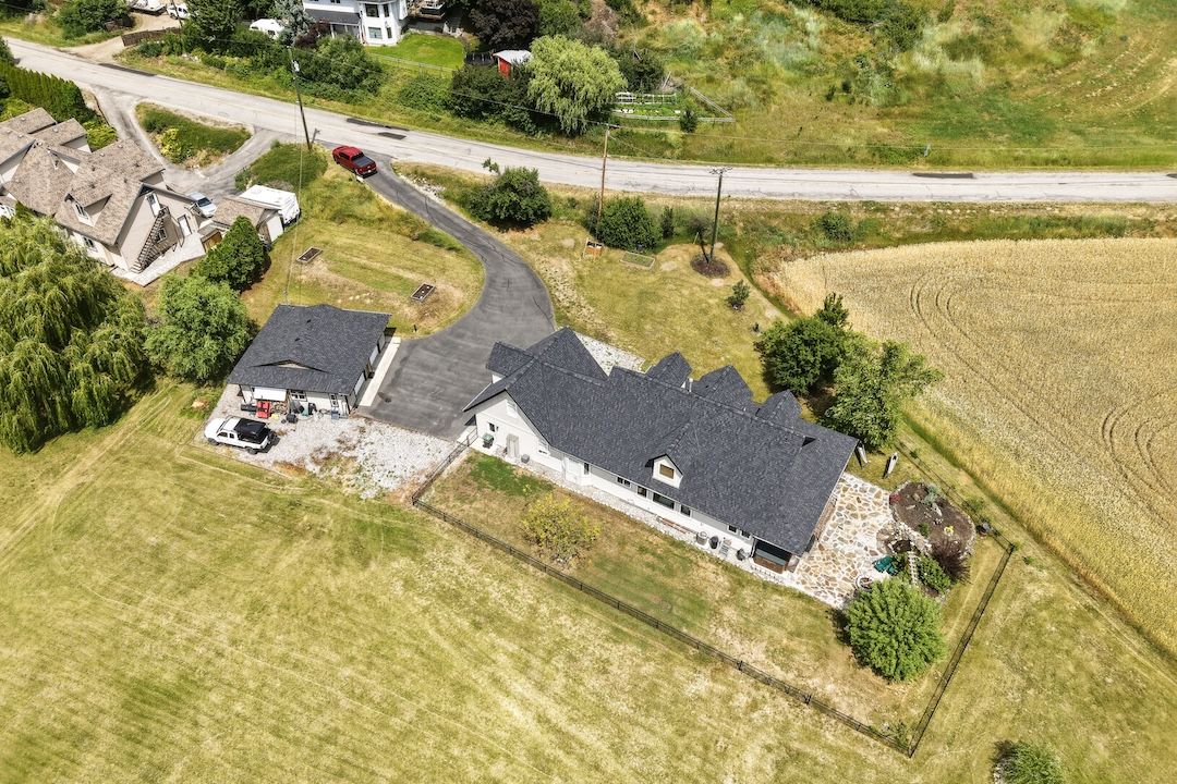 Overhead aerial view of the home, shop, and lot