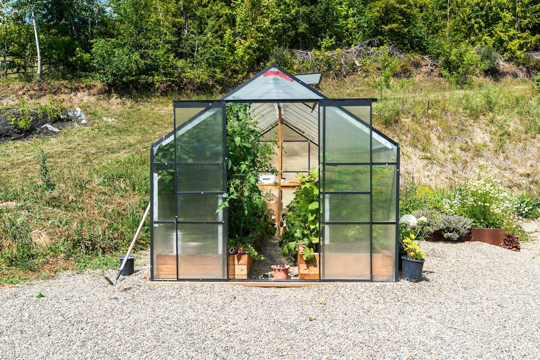 Greenhouse and gardens on the 5-acre hobby farm