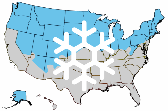 map of the united states with areas marked that experience cold winters