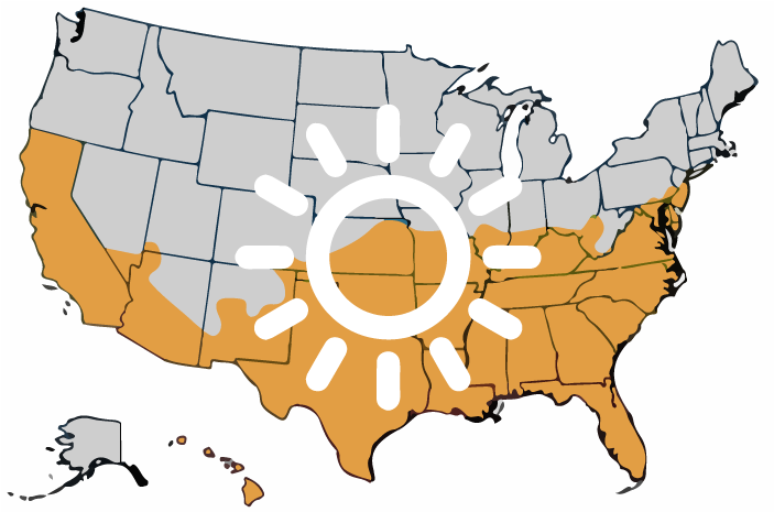 map of the united states with warmer climates marked