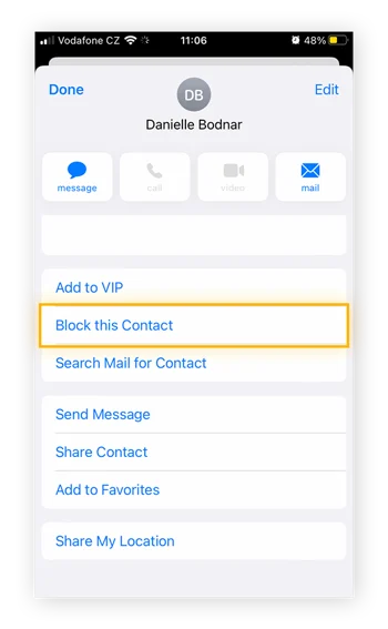  Screenshot of the Contact menu in iPhone Mail, with "Block this contact" highlighted