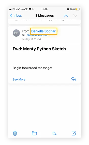 Screenshot of an email open in the iPhone Mail app with the sender's name highlighted