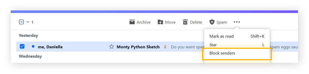 Image of the Yahoo Mail menu bar, with the option, "block senders" highlighted beneath the three horizontal dots icon