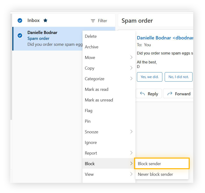  Image of the Microsoft Outlook email selection options, with the option "Block sender" highlighted