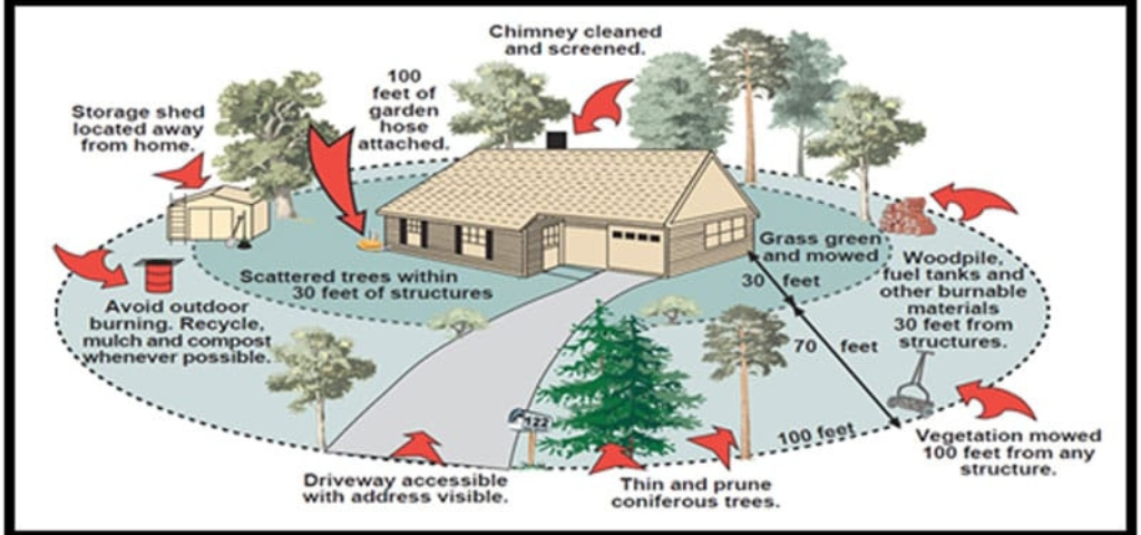 A chart with tips for creating a defensible space around your home in the Denver foothills.