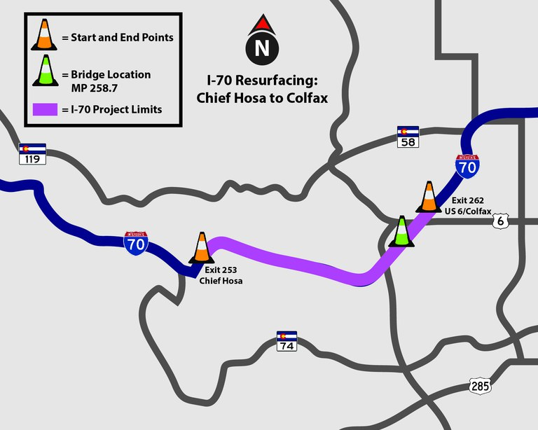 I-70 Resurfacing from Chief Hosa to Colfax Project Map